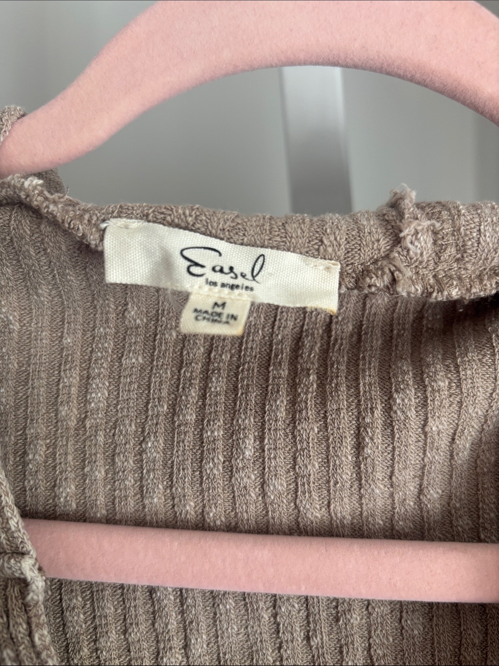 Easel Washed Novelty Ribbed Knit Hoodie Pullover Top in Taupe Beige Size Medium - Picture 6 of 6